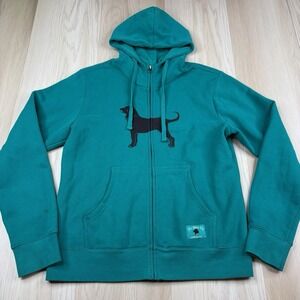 The Black Dog Full Zip Fleece Hoodie Sweatshirt Dog Graphic Teal Blue Sz Medium
